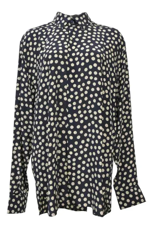 Navy silk polka dot print classic collar button-front shirt