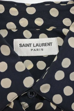 Navy silk polka dot print classic collar button-front shirt