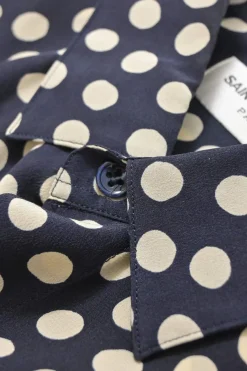 Navy silk polka dot print classic collar button-front shirt