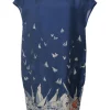 Navy silk sailboat novelty print bateau neck cap sleeve bubble shift dress