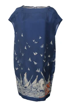 Navy silk sailboat novelty print bateau neck cap sleeve bubble shift dress