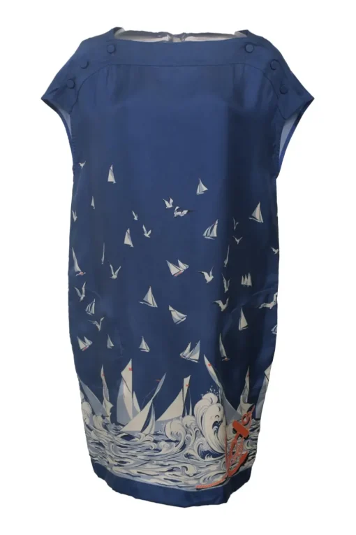 Navy silk sailboat novelty print bateau neck cap sleeve bubble shift dress