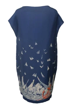 Navy silk sailboat novelty print bateau neck cap sleeve bubble shift dress