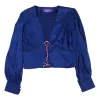 Navy silk satin lace-up front Benny plunge blouse with gathered bodice and bishop sleeves