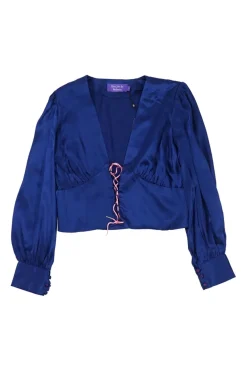 Navy silk satin lace-up front Benny plunge blouse with gathered bodice and bishop sleeves