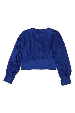 Navy silk satin lace-up front Benny plunge blouse with gathered bodice and bishop sleeves