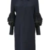 Navy silk spread collar half-zip slip-on shift dress with tier ruffle sleeves