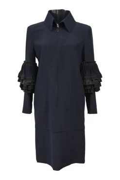 Navy silk spread collar half-zip slip-on shift dress with tier ruffle sleeves