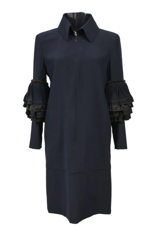Navy silk spread collar half-zip slip-on shift dress with tier ruffle sleeves