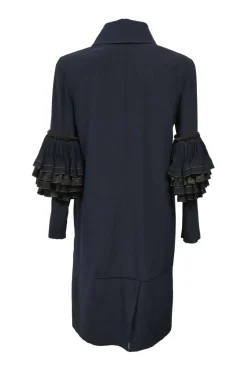 Navy silk spread collar half-zip slip-on shift dress with tier ruffle sleeves