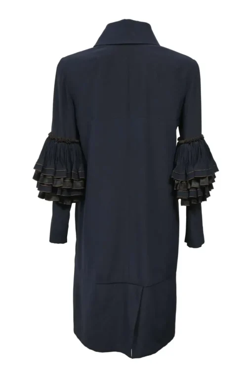 Navy silk spread collar half-zip slip-on shift dress with tier ruffle sleeves