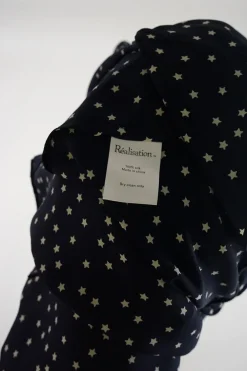 Navy silk star print Alexandra plunge wrap mini ruffle dress