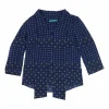 Navy silk-blend Dobby print button-front pussy-bow blouse with cropped sleeves