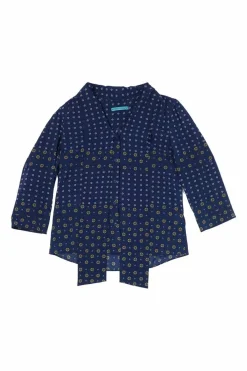 Navy silk-blend Dobby print button-front pussy-bow blouse with cropped sleeves