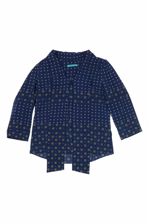 Navy silk-blend Dobby print button-front pussy-bow blouse with cropped sleeves