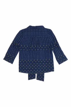 Navy silk-blend Dobby print button-front pussy-bow blouse with cropped sleeves