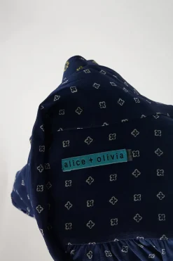Navy silk-blend Dobby print button-front pussy-bow blouse with cropped sleeves