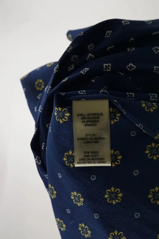 Navy silk-blend Dobby print button-front pussy-bow blouse with cropped sleeves