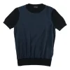 Navy silk-blend mixed media paneled crewneck short sleeve knit top