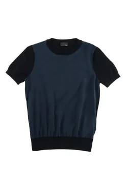 Navy silk-blend mixed media paneled crewneck short sleeve knit top