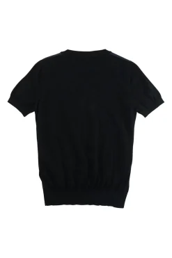 Navy silk-blend mixed media paneled crewneck short sleeve knit top