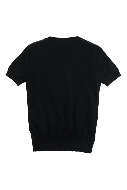 Navy silk-blend mixed media paneled crewneck short sleeve knit top
