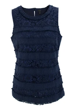Navy sleeveless cotton top with lace and tweed detail.