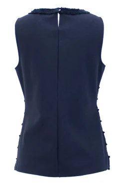 Navy sleeveless cotton top with lace and tweed detail.