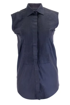 Navy sleeveless top with pleated panels
