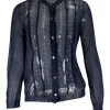 Navy slim fit knitted cardigan with ruffles and perforated pattern