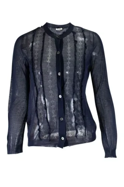 Navy slim fit knitted cardigan with ruffles and perforated pattern