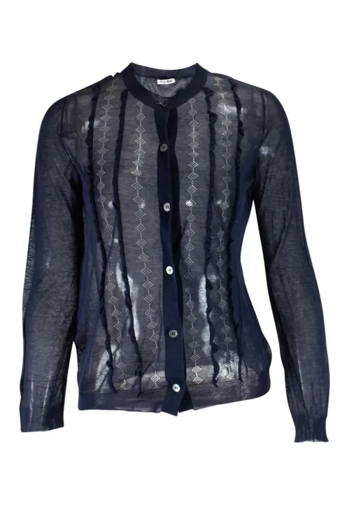 Navy slim fit knitted cardigan with ruffles and perforated pattern