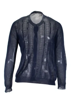 Navy slim fit knitted cardigan with ruffles and perforated pattern