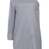 Navy striped cotton poplin one-shoulder mini shift tunic with side-button fastening