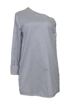 Navy striped cotton poplin one-shoulder mini shift tunic with side-button fastening
