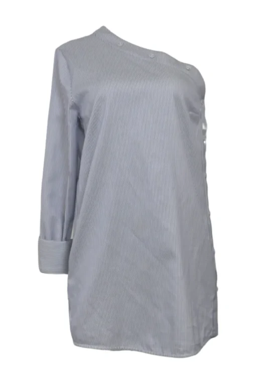 Navy striped cotton poplin one-shoulder mini shift tunic with side-button fastening