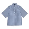 Navy striped cotton poplin point collar half-button pullover half-sleeve boxy shirt