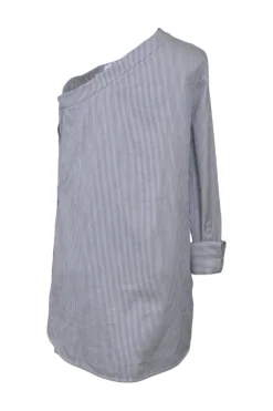Navy striped cotton poplin one-shoulder mini shift tunic with side-button fastening