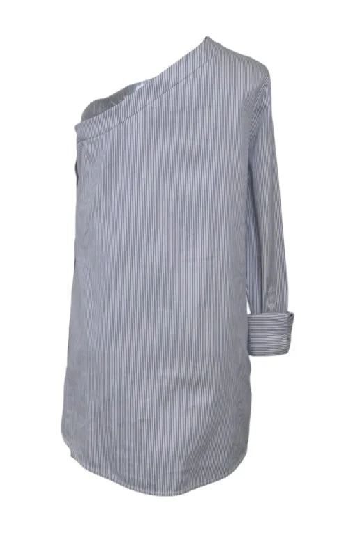 Navy striped cotton poplin one-shoulder mini shift tunic with side-button fastening