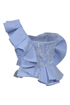 Navy topstitched stripe cotton poplin one-shoulder ruffle bustier top with shirred back