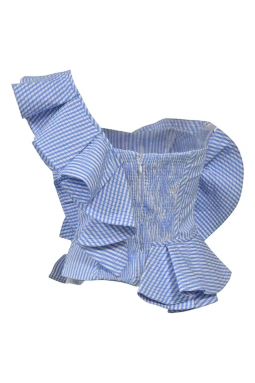 Navy topstitched stripe cotton poplin one-shoulder ruffle bustier top with shirred back