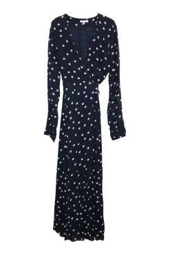Navy viscose chiffon polka dot print Barra wrap midi dress
