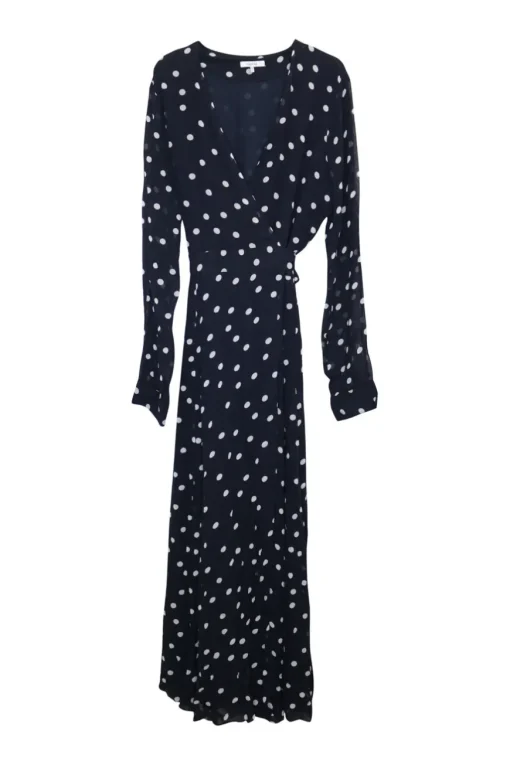 Navy viscose chiffon polka dot print Barra wrap midi dress