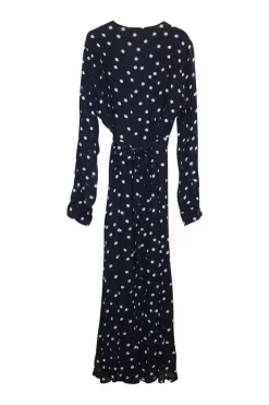 Navy viscose chiffon polka dot print Barra wrap midi dress