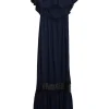 Navy viscose cold shoulder lace insert skirt maxi dress with ribbon tie nape