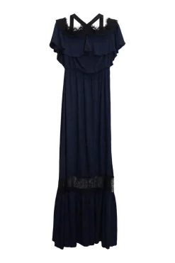 Navy viscose cold shoulder lace insert skirt maxi dress with ribbon tie nape