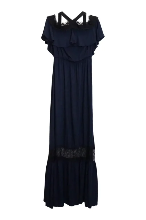 Navy viscose cold shoulder lace insert skirt maxi dress with ribbon tie nape