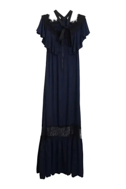 Navy viscose cold shoulder lace insert skirt maxi dress with ribbon tie nape