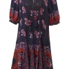 Navy viscose floral print tassel tie-neck keyhole-front half-sleeve swing-style shift dress