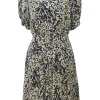 Navy viscose floral print plunge neck button-front half-sleeve A-line mini dress
